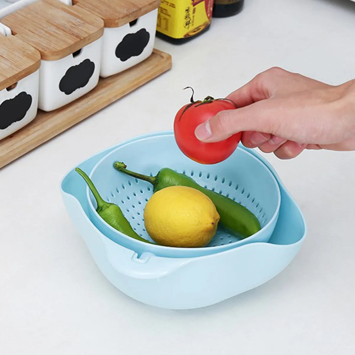 1Pcs Eco-Friendly Wheat Straw Double-Layer Colander Drain Basket