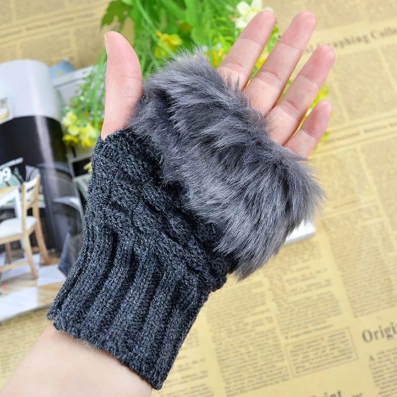 Winter Faux Rabbit Fur Warm Knitted Half Finger Gloves