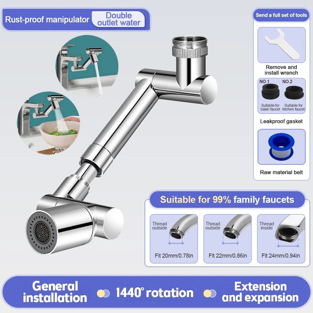 1440° Rotatable Scalable Metal Faucet Bathroom Tap Splash-proof Bubbler Kitchen Faucet