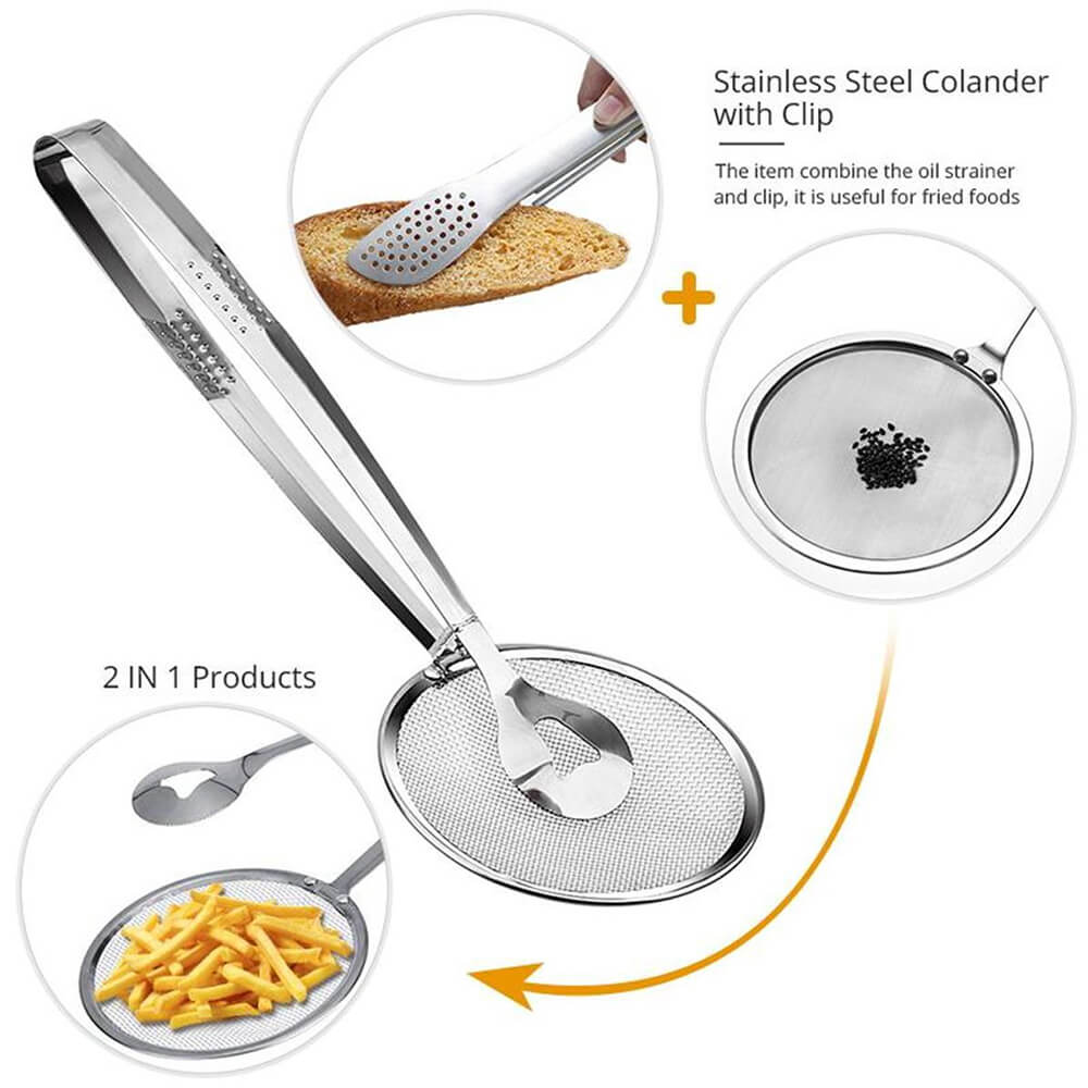 Pack of 2 Frying Tong 2 in 1 Fry Tool Filter Spoon Strainer With Clip
