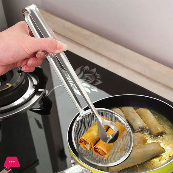 Pack of 2 Frying Tong 2 in 1 Fry Tool Filter Spoon Strainer With Clip
