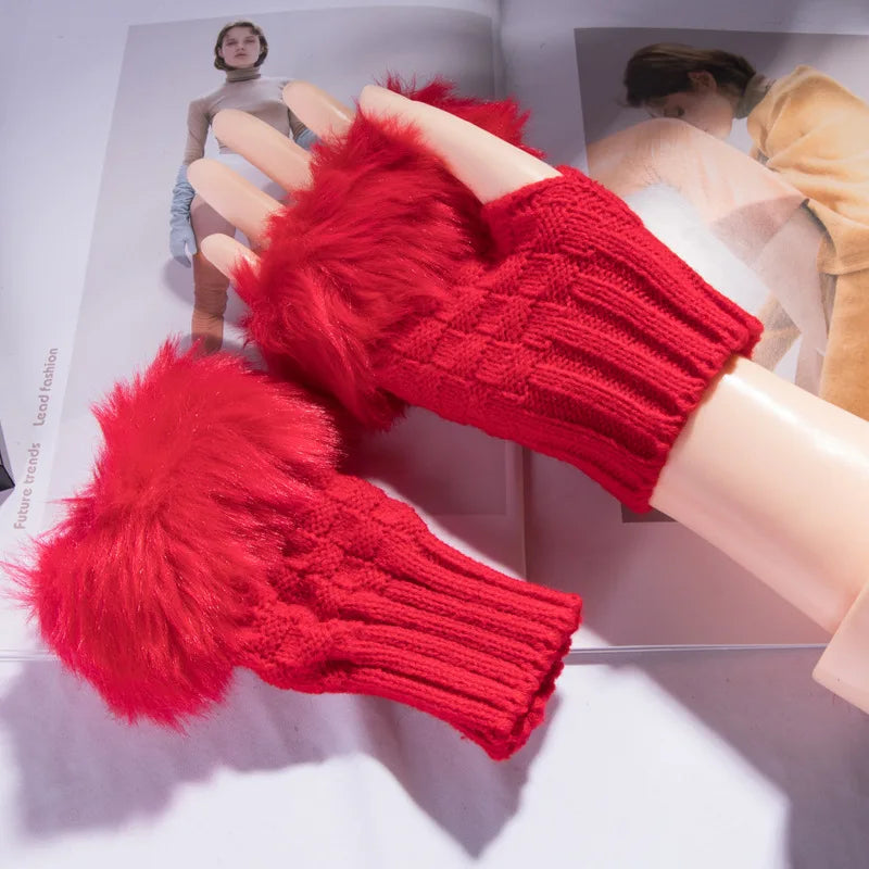 Winter Faux Rabbit Fur Warm Knitted Half Finger Gloves