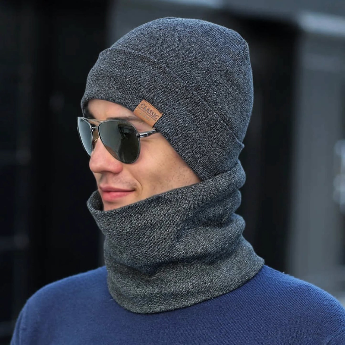 New Style Fashion Men Knitted Hat Plush Fur Warm Lining Set Male