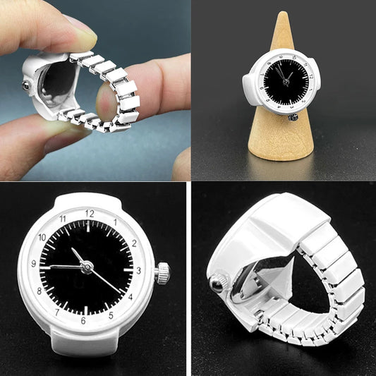 White Black Color  Finger Rings Women Men Mini Elastic Strap Clock