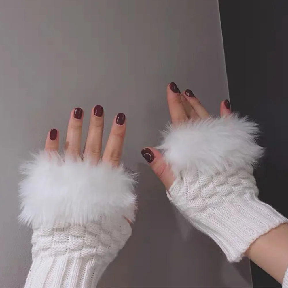 Winter Faux Rabbit Fur Warm Knitted Half Finger Gloves