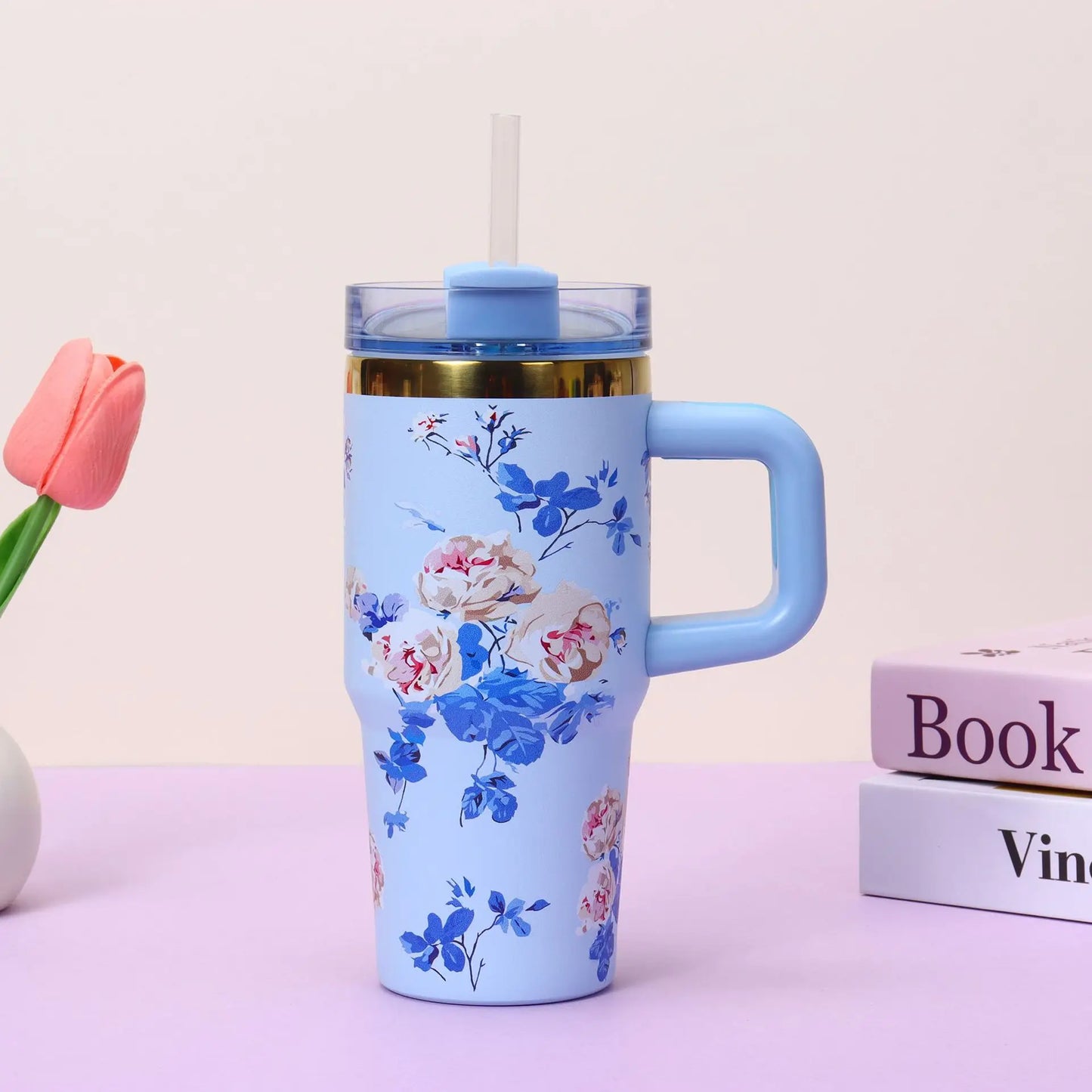 Stainless Steel Insulated Travel Tumbler with Handle Straw Lid & Cold Retention