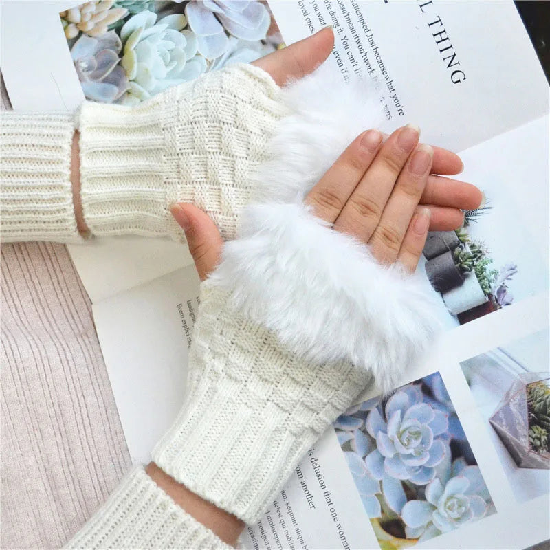 Winter Faux Rabbit Fur Warm Knitted Half Finger Gloves