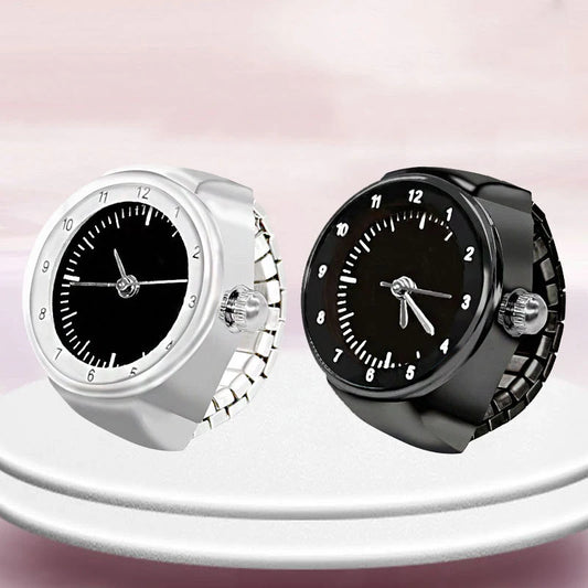 White Black Color  Finger Rings Women Men Mini Elastic Strap Clock