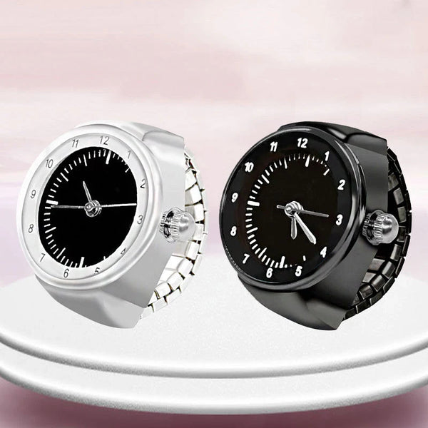 White Black Color  Finger Rings Women Men Mini Elastic Strap Clock