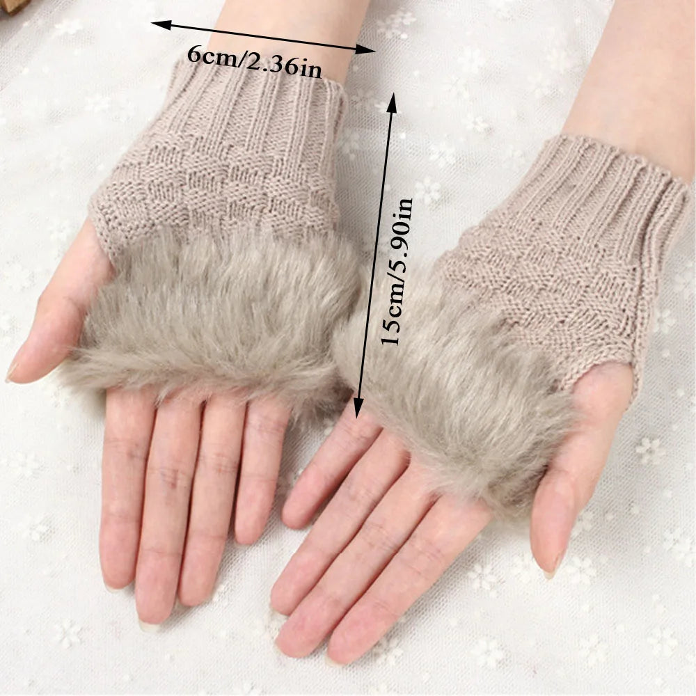 Winter Faux Rabbit Fur Warm Knitted Half Finger Gloves