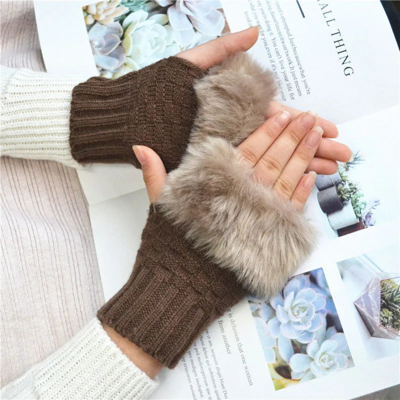 Winter Faux Rabbit Fur Warm Knitted Half Finger Gloves