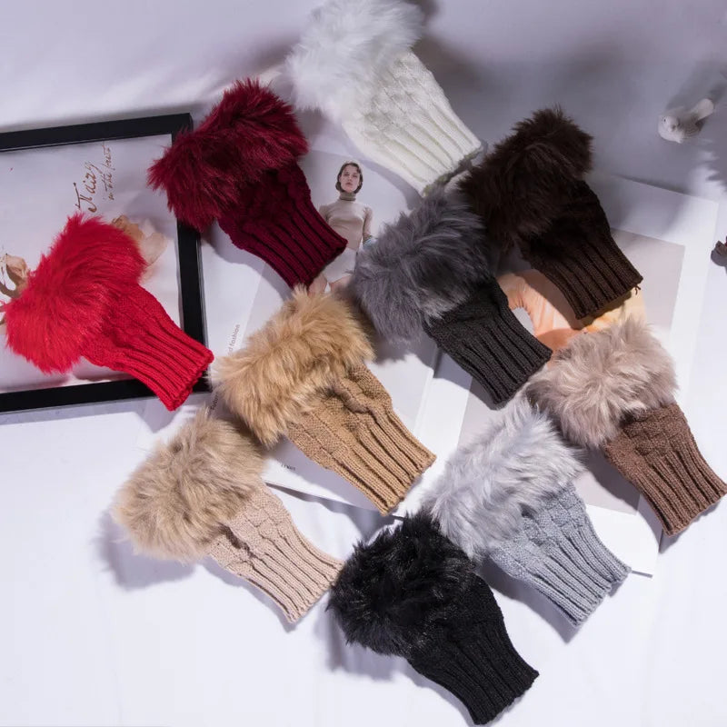 Winter Faux Rabbit Fur Warm Knitted Half Finger Gloves