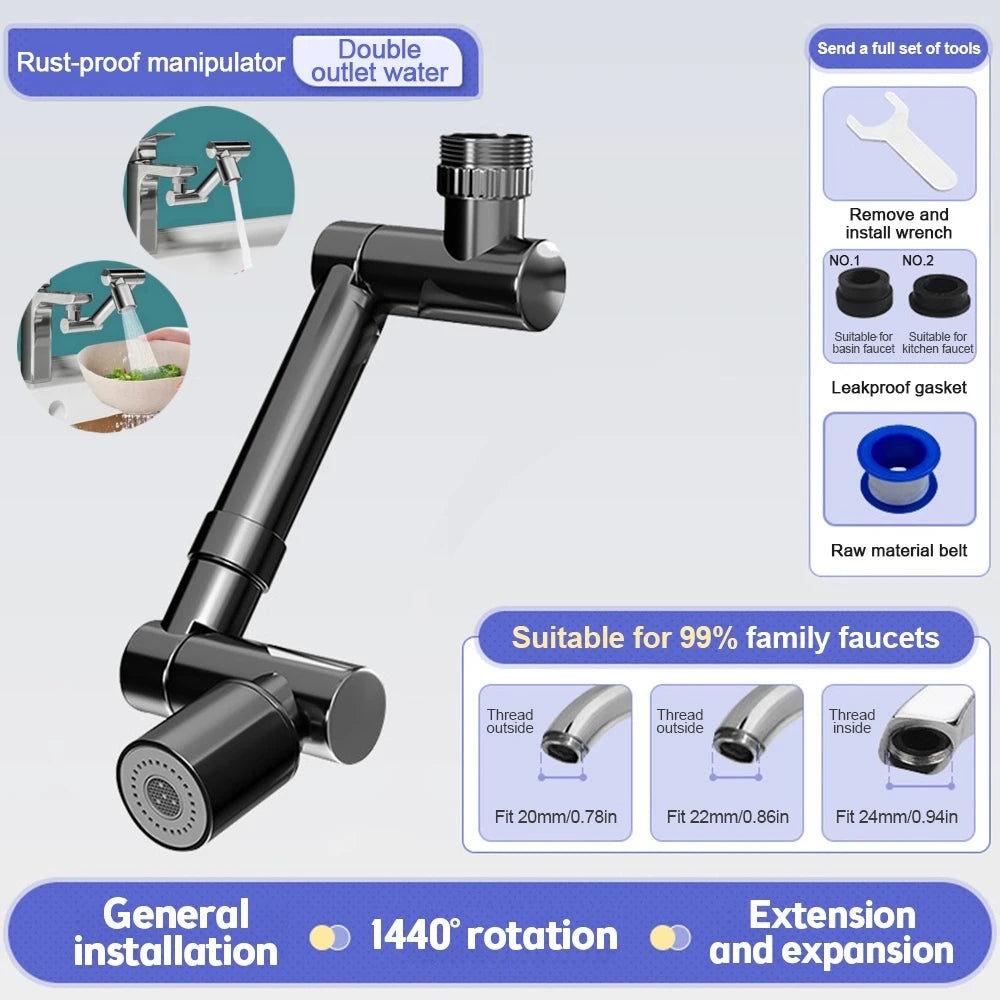 1440° Rotatable Scalable Metal Faucet Bathroom Tap Splash-proof Bubbler Kitchen Faucet