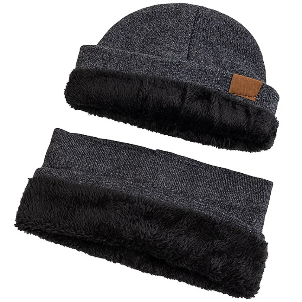 New Style Fashion Men Knitted Hat Plush Fur Warm Lining Set Male