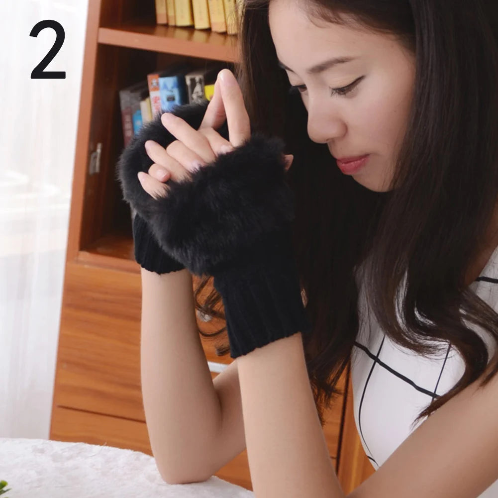Winter Faux Rabbit Fur Warm Knitted Half Finger Gloves
