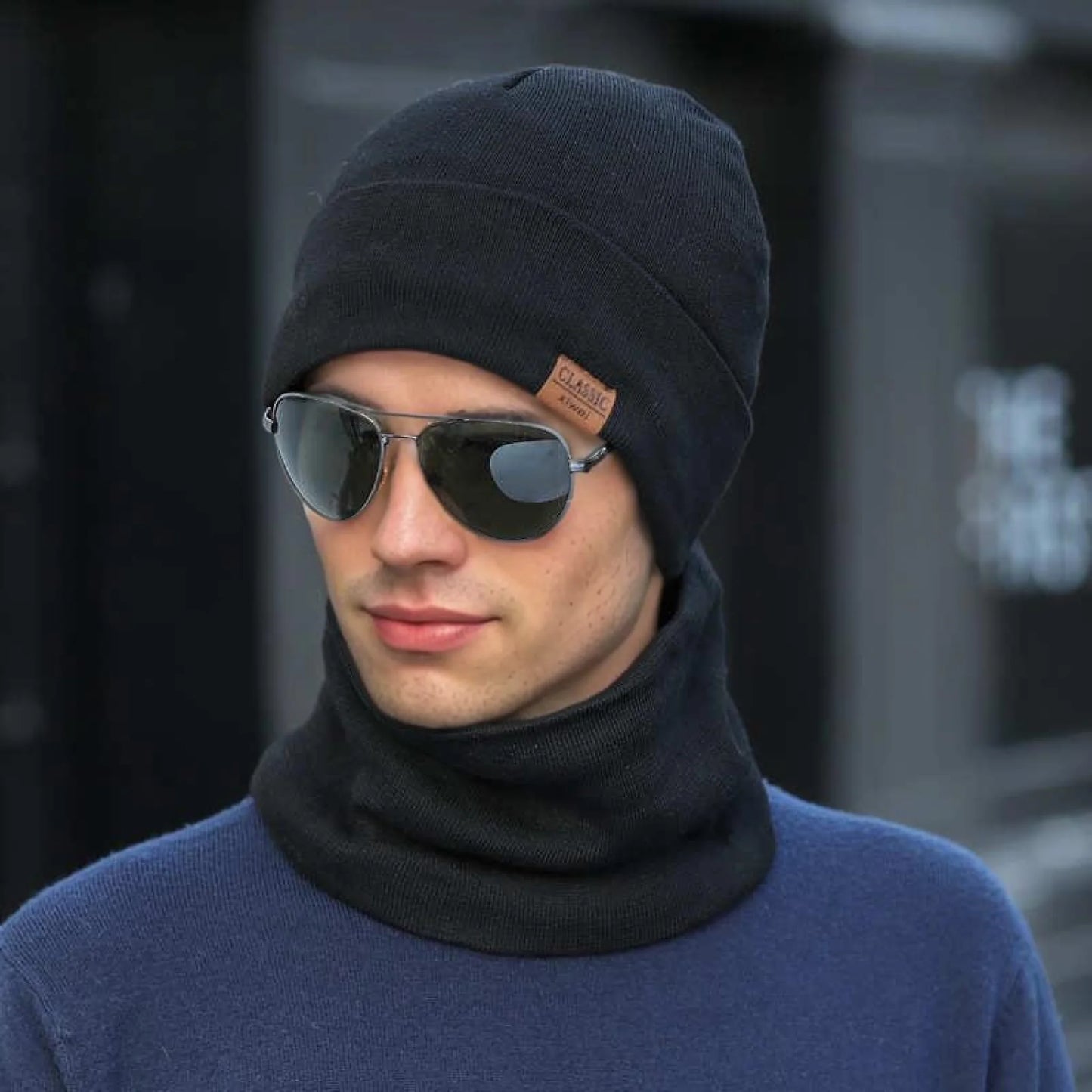 New Style Fashion Men Knitted Hat Plush Fur Warm Lining Set Male