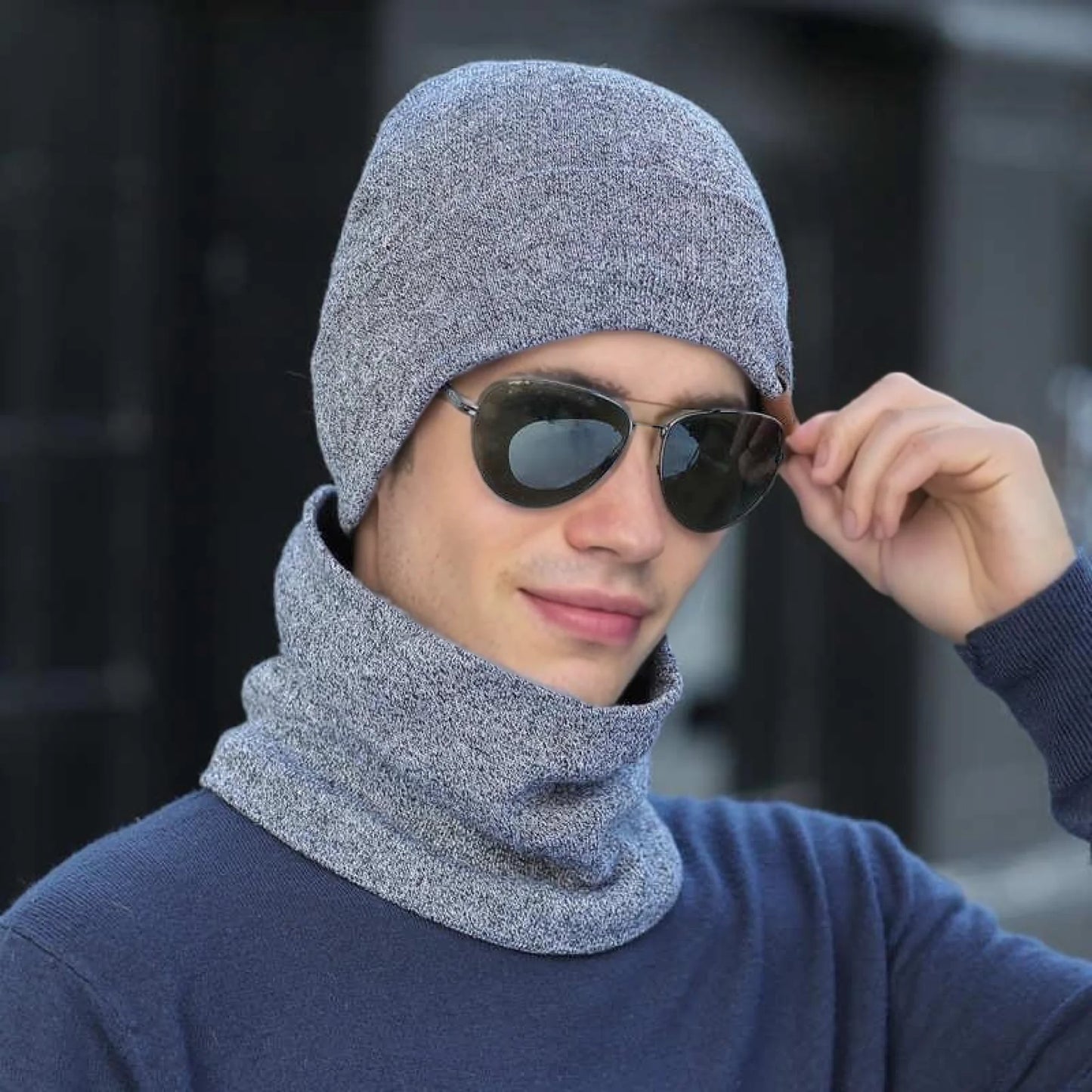 New Style Fashion Men Knitted Hat Plush Fur Warm Lining Set Male