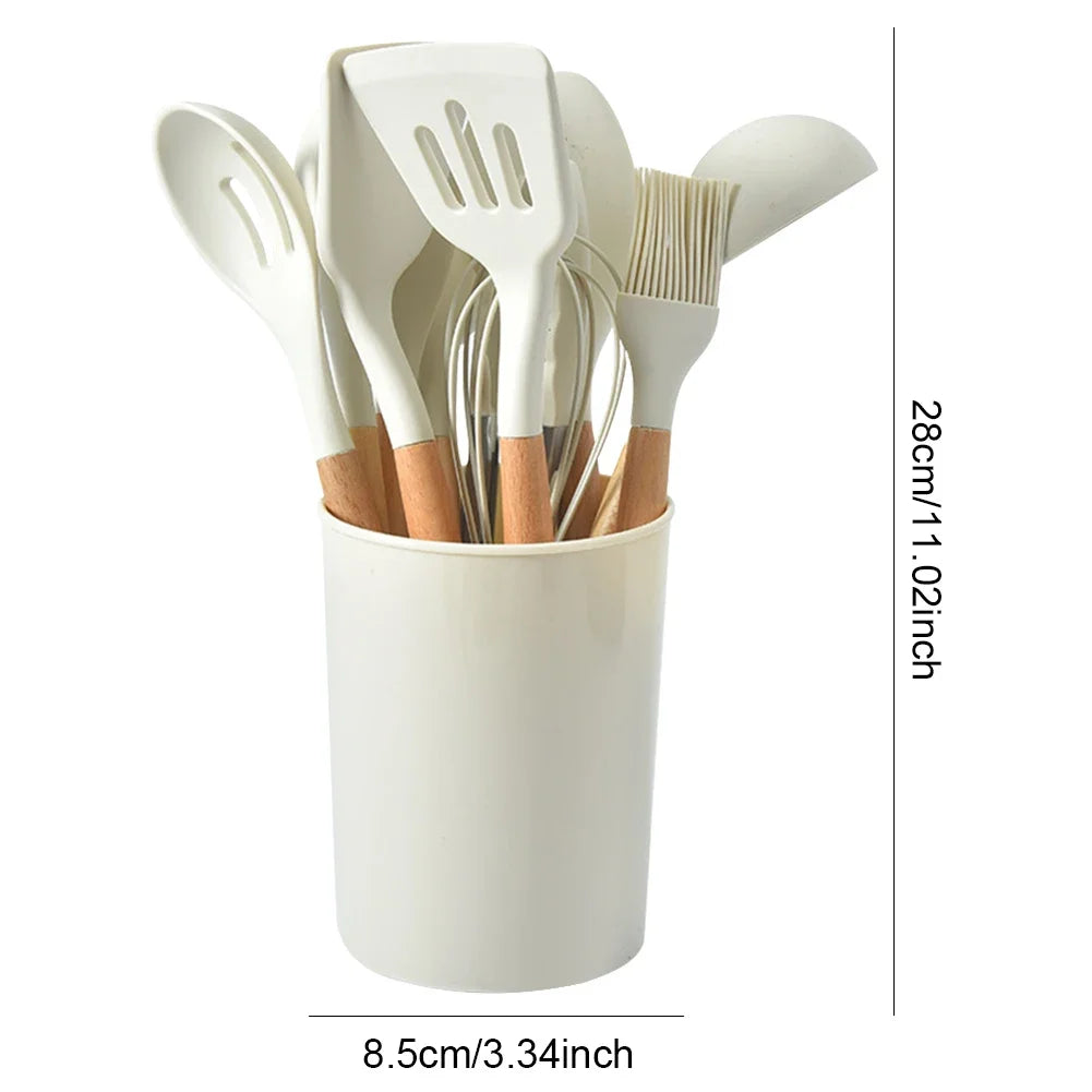 12Pcs Kitchen Utensil Set Silicone Spatula Set Wooden Handle Heat-Resistant Cookware Spatula Spoon Brush Whisk for Home Kitchen
