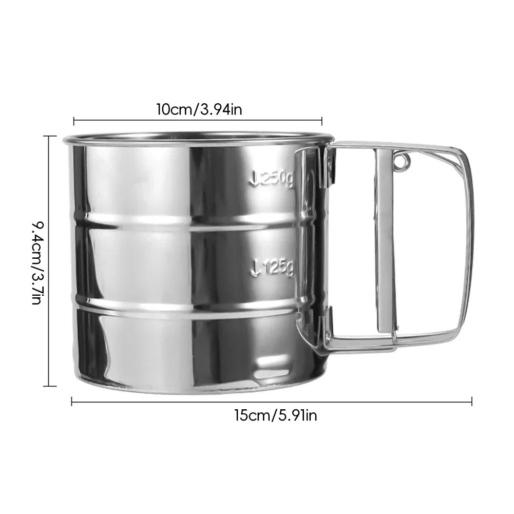 Stainless Steel Flour Sifter For Baking Powder Sugar Shaker With Hand Press Design