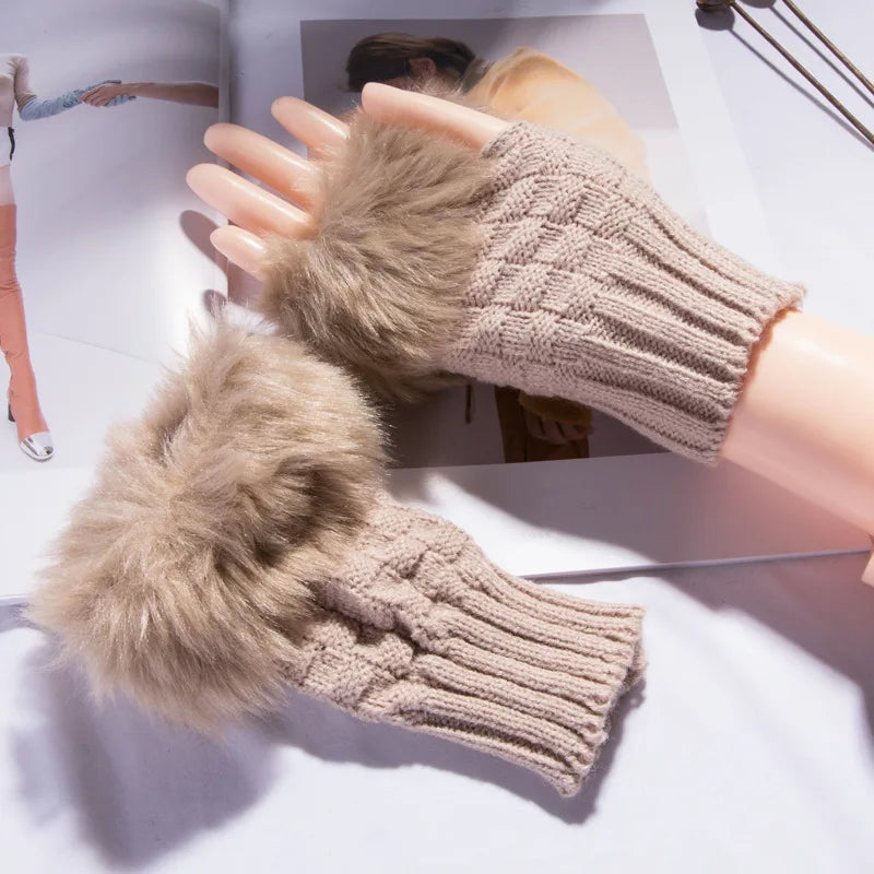 Winter Faux Rabbit Fur Warm Knitted Half Finger Gloves
