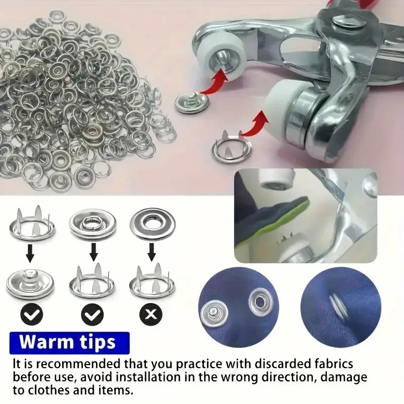 400pcs Prong Rings 9.5mm Buckle Buttons Metal Color Pliers Snap Button