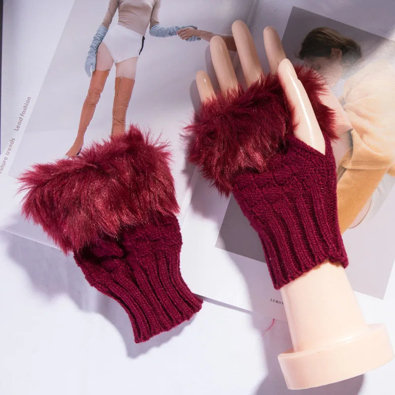 Winter Faux Rabbit Fur Warm Knitted Half Finger Gloves