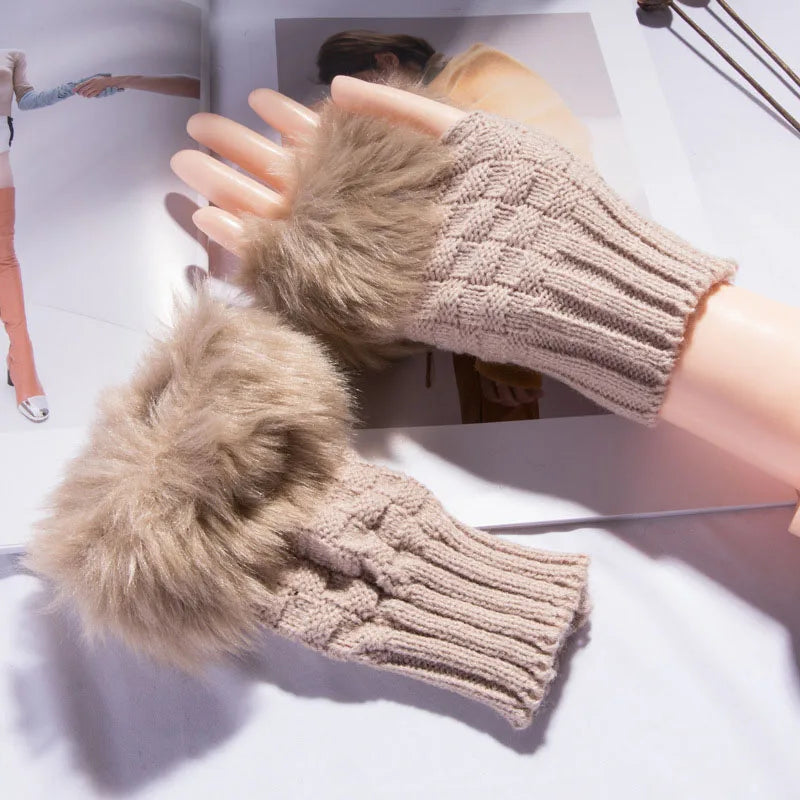 Winter Faux Rabbit Fur Warm Knitted Half Finger Gloves