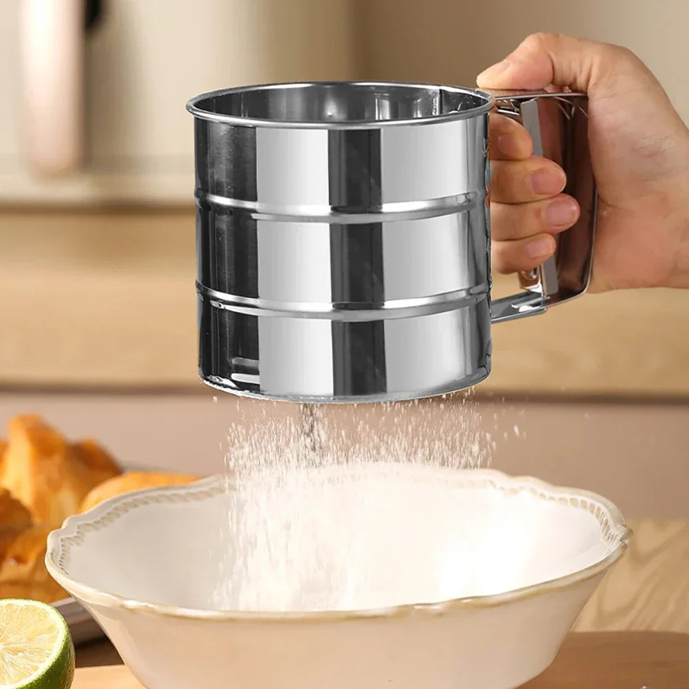 Stainless Steel Flour Sifter For Baking Powder Sugar Shaker With Hand Press Design