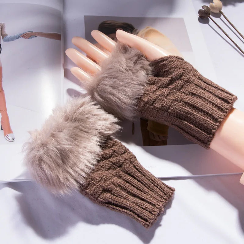 Winter Faux Rabbit Fur Warm Knitted Half Finger Gloves