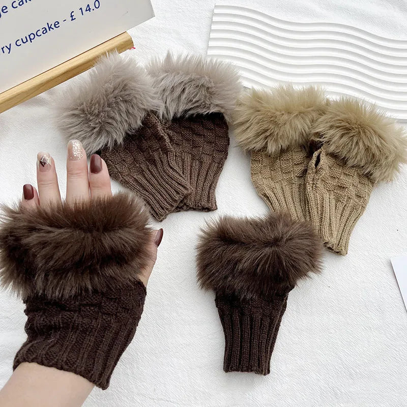 Winter Faux Rabbit Fur Warm Knitted Half Finger Gloves