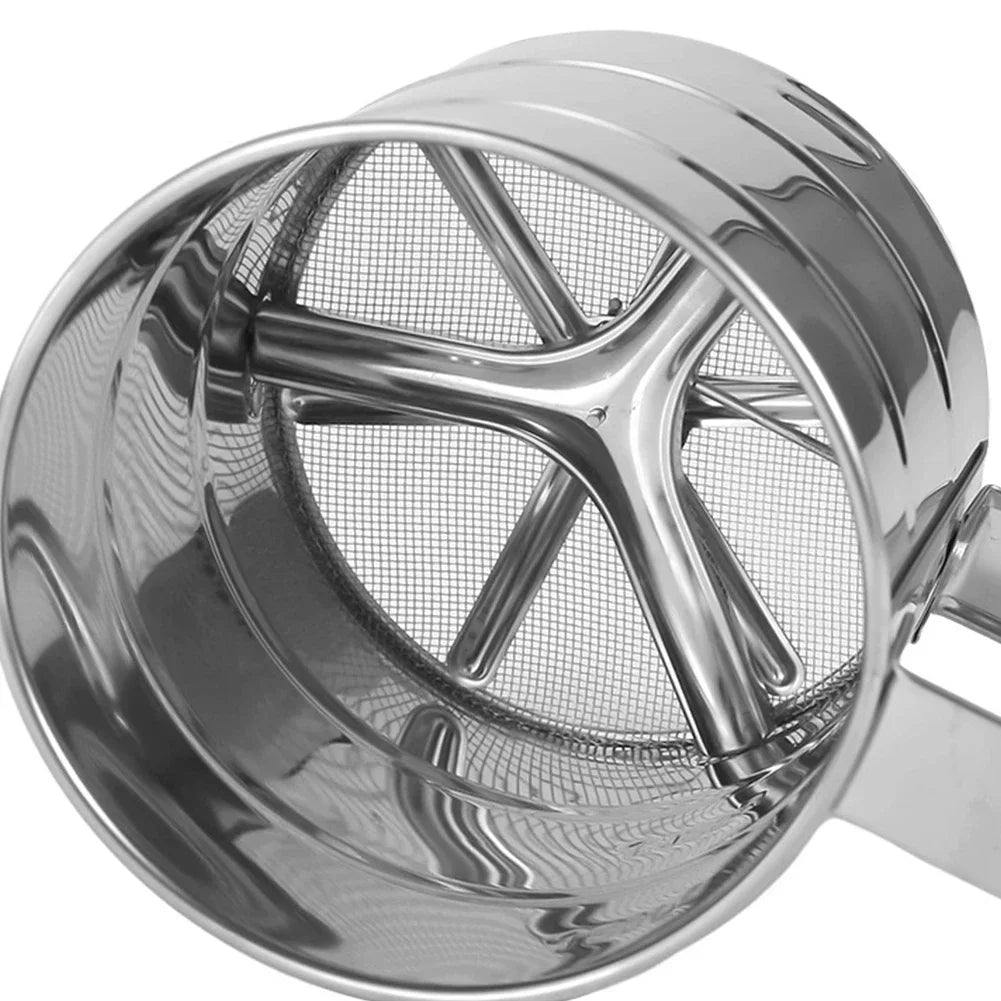 Stainless Steel Flour Sifter For Baking Powder Sugar Shaker With Hand Press Design
