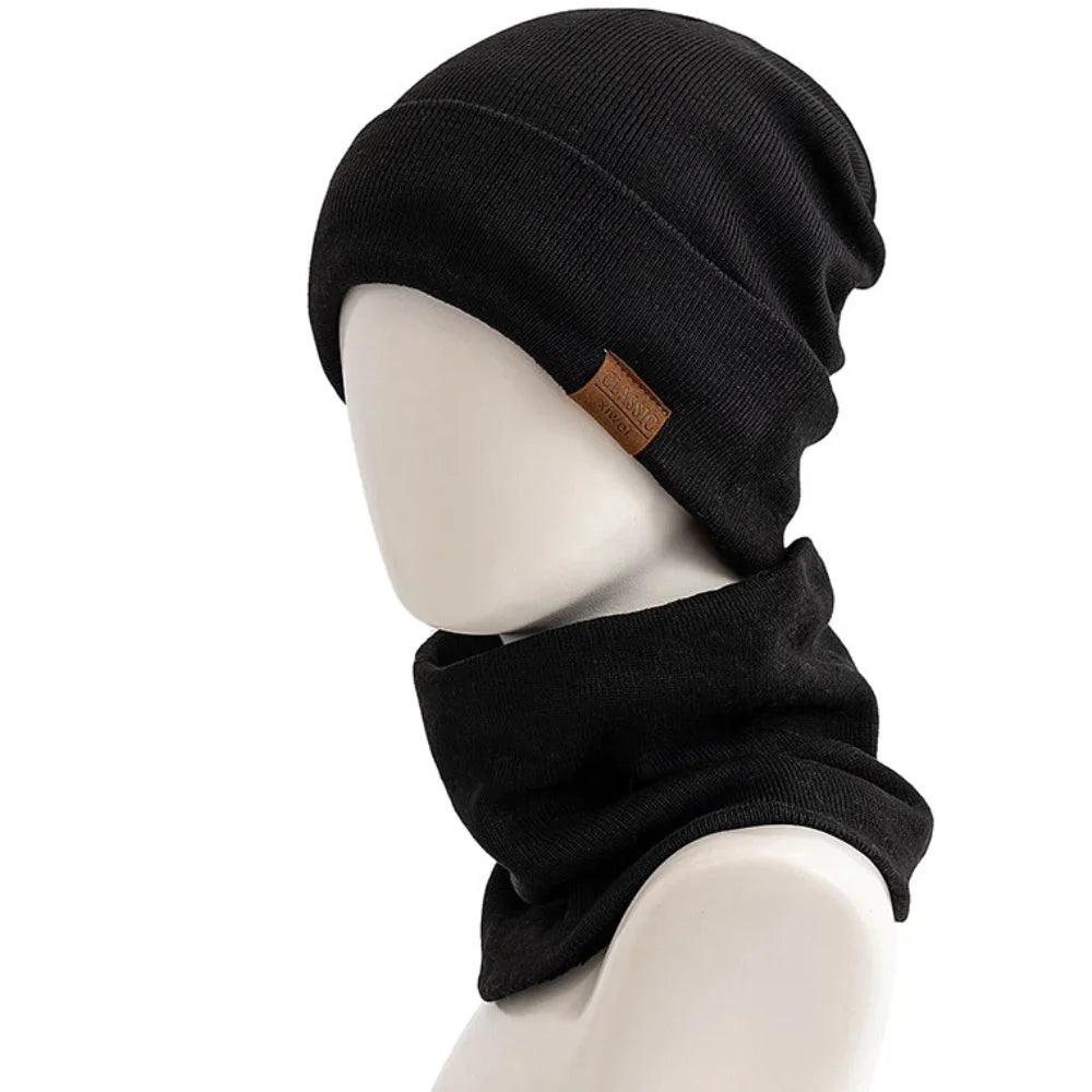 New Style Fashion Men Knitted Hat Plush Fur Warm Lining Set Male