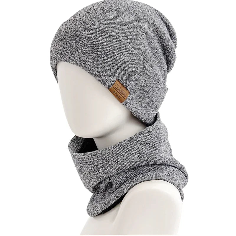 New Style Fashion Men Knitted Hat Plush Fur Warm Lining Set Male