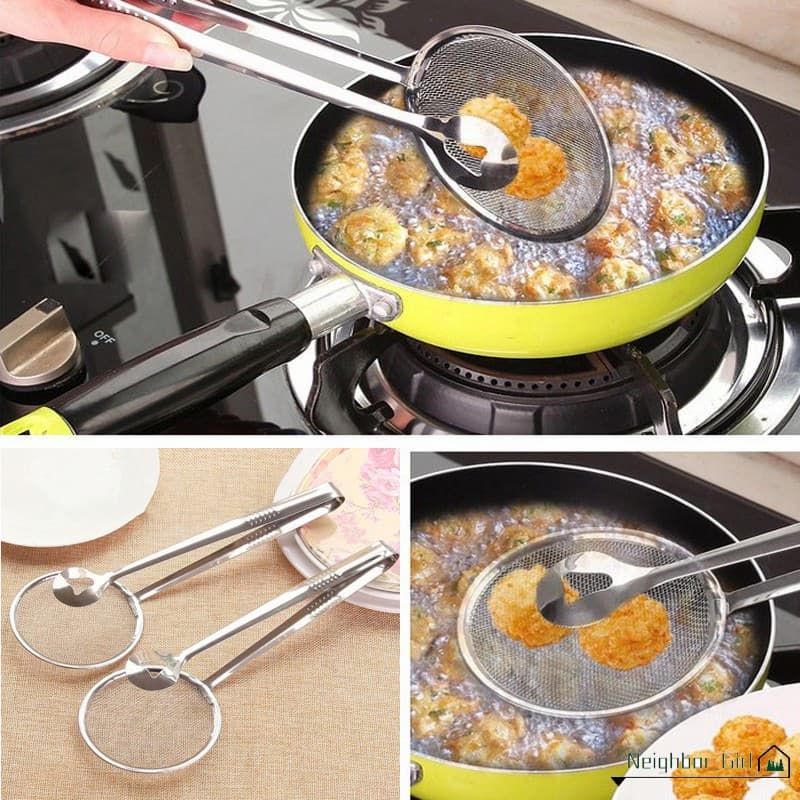 Pack of 2 Frying Tong 2 in 1 Fry Tool Filter Spoon Strainer With Clip