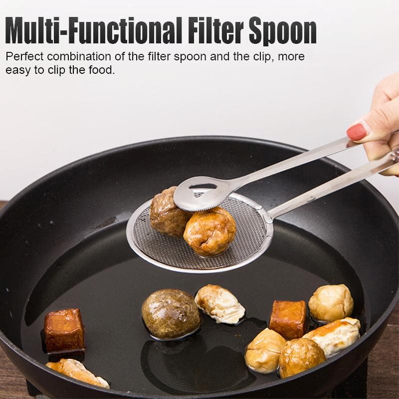 Pack of 2 Frying Tong 2 in 1 Fry Tool Filter Spoon Strainer With Clip