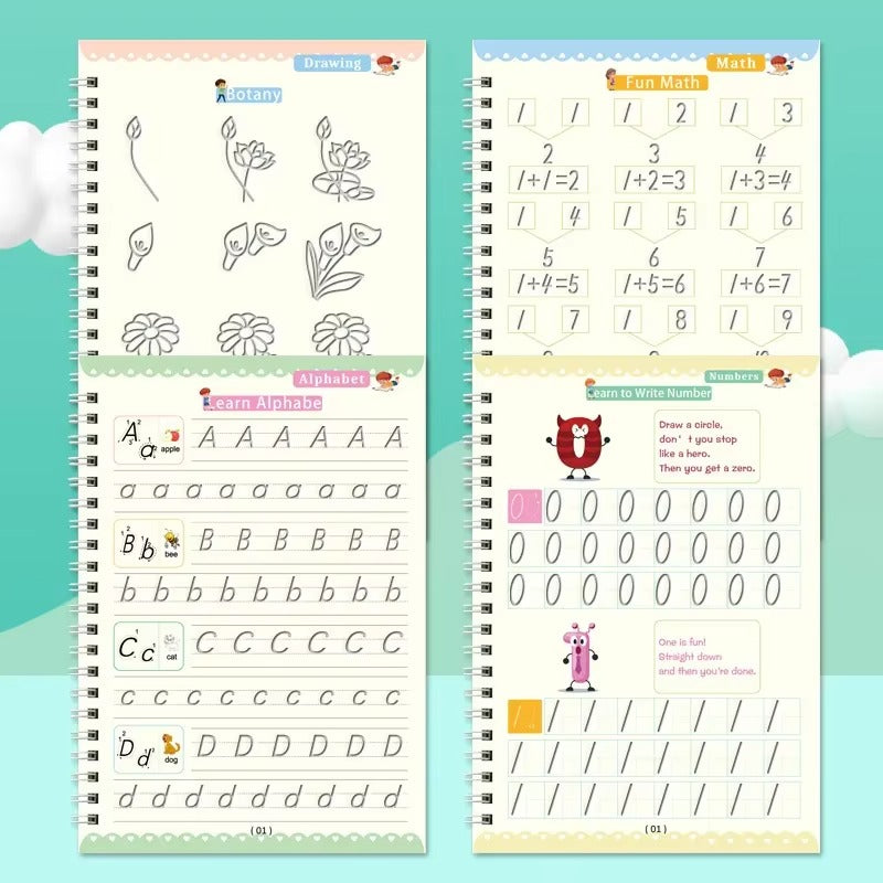 4 Books Magic Writing Practice Set with Pen – Reusable Calligraphy Notebook for Kids