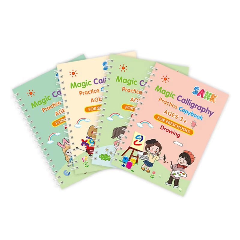 4 Books Magic Writing Practice Set with Pen – Reusable Calligraphy Notebook for Kids