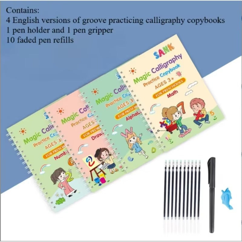 4 Books Magic Writing Practice Set with Pen – Reusable Calligraphy Notebook for Kids