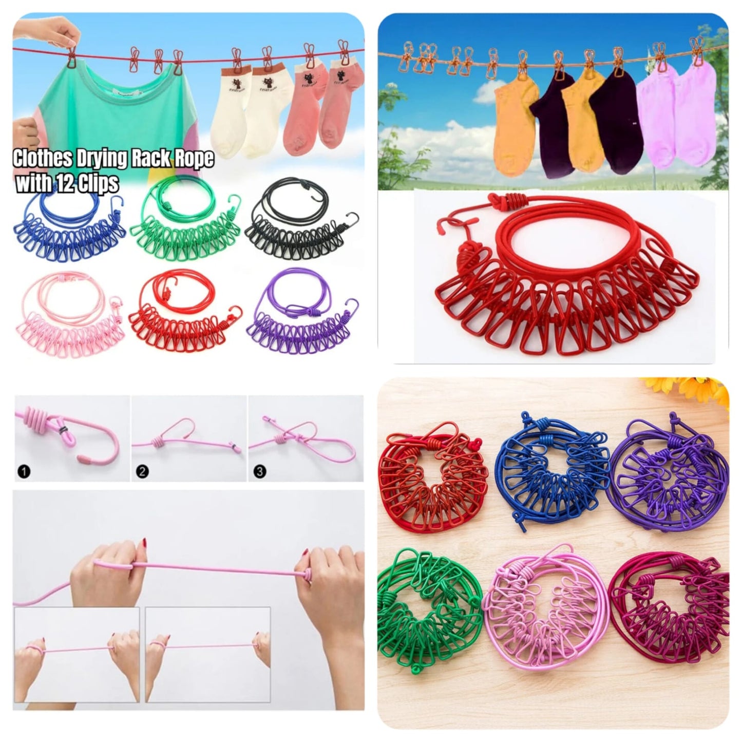 12Clips With Clothes Drying Rope